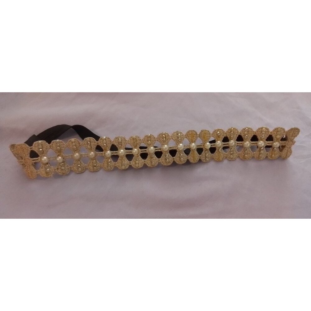 Elastic Gold Tone Lace Headband With Faux Pearls For Women